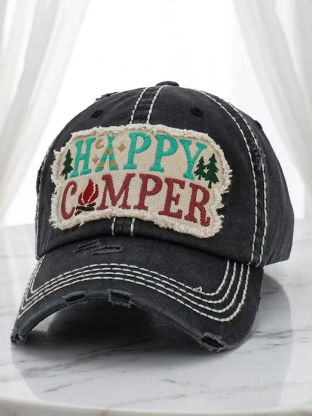 Ladies Black Happy Camper Baseball Hat